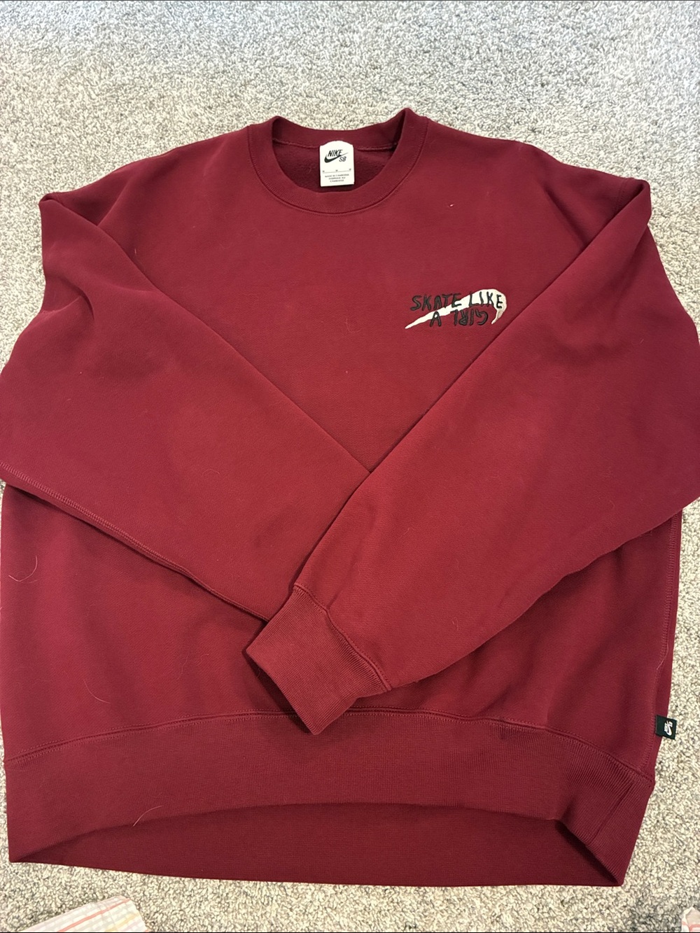 Nike Maroon Crewneck Sweatshirt with Small 'Skate Like A Girl' Logo